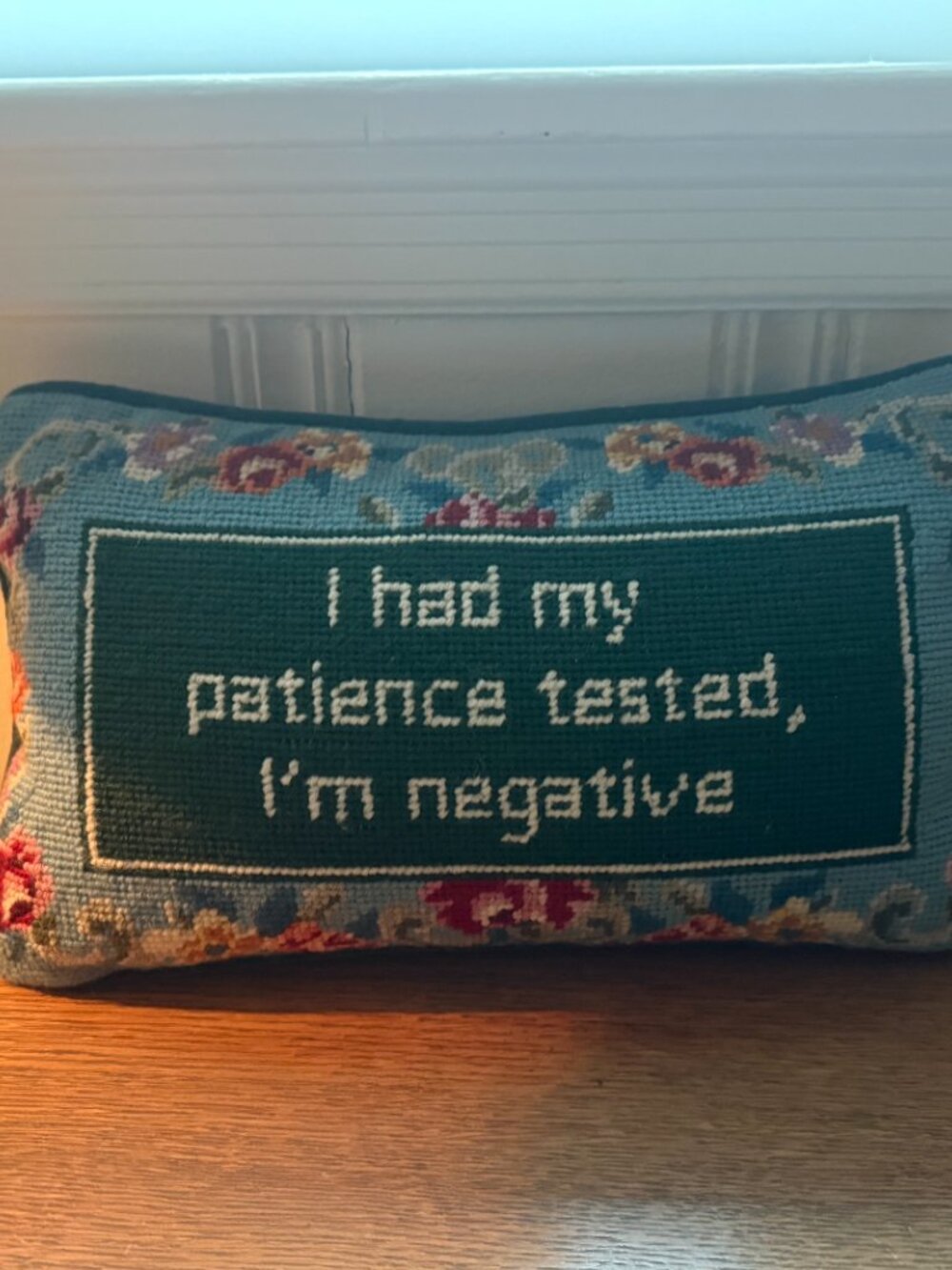 Needlepoint "Patience Tested" Humor Pillow NWT — 8x14x4